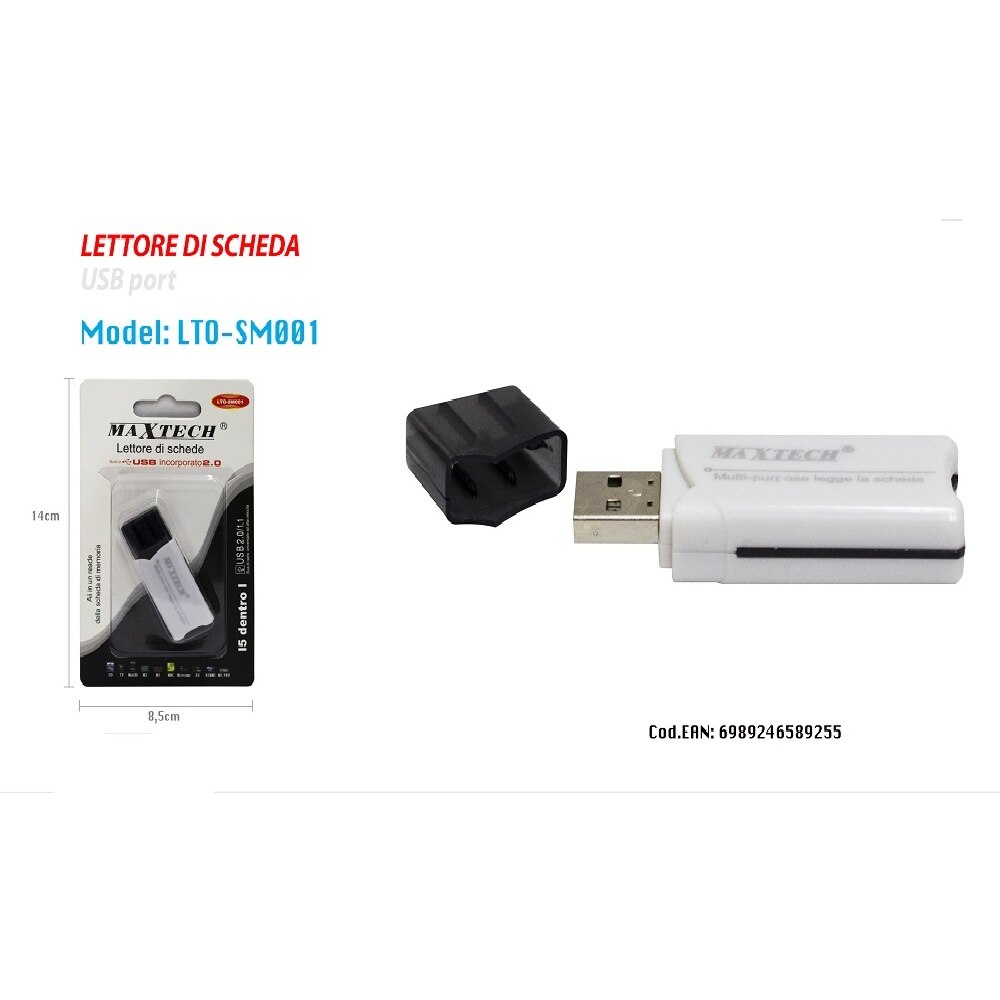 MAXTECH LTO-SM001 LETTORE DI SCHEDE carta 5in1 USB 2.0 SM SD MMC TF AD ALTA VELOCITA'