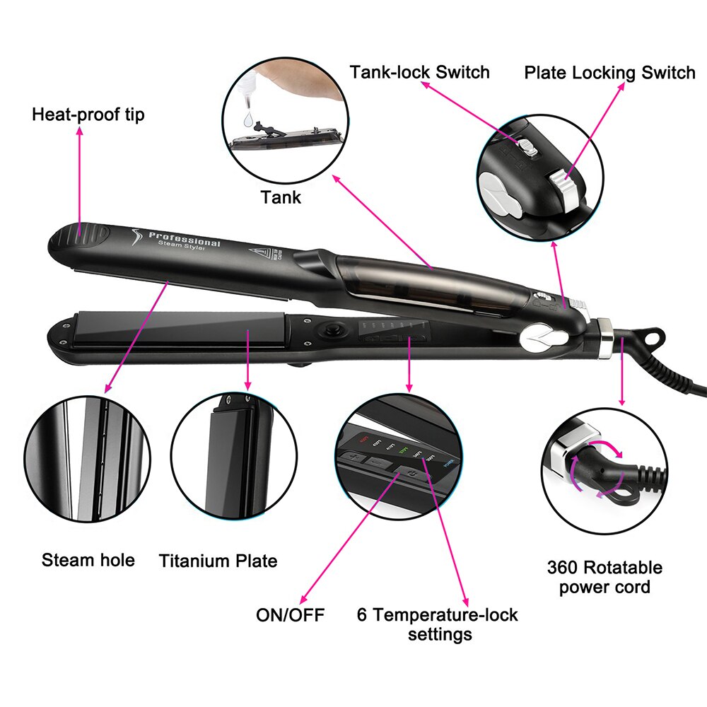 Steam Function Flat Iron Hair Straightener Hair Styling Tools Vented Tourmaline-Ceramic Plates Straightening Irons