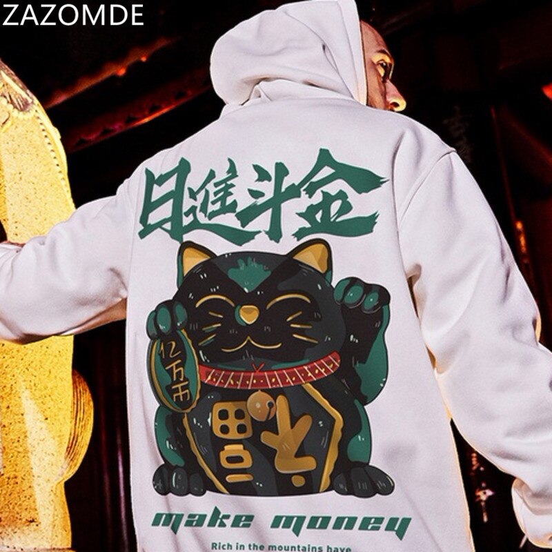 Zazomde vinter løse hættetrøjer mænd hip hop sweatshirt plutus cat print mænd pullover tegneserie oversize hættetrøje high street sweatshirt
