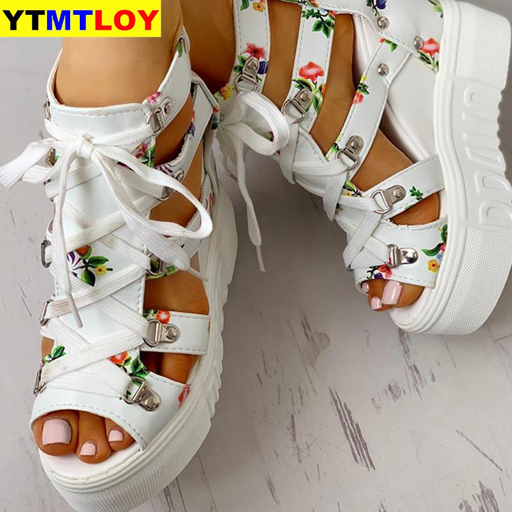 Zomerschoenen dames sandalen plateau veters hoge hakken casual schoenen dames ins print vrijetijdsschoenen wedges damesschoenen