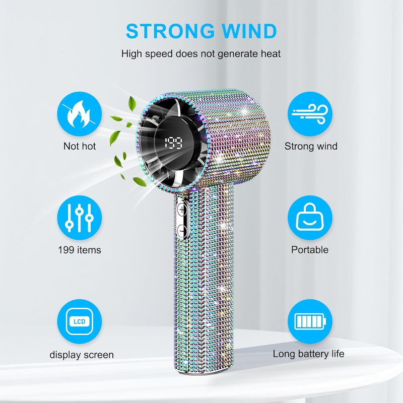 Ein prächtiger und eleganter Handventilator mit großem Akku für eine lange Akkulaufzeit, mit glitzerndem Rand.