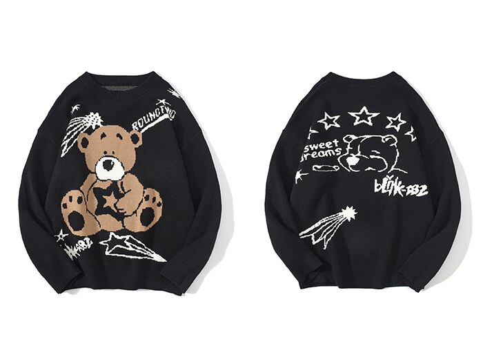 Suéter estampado de oso Harajuku para hombre, ropa informal estilo Hip Hop, algodón, holgado, Otoño,: Black / L