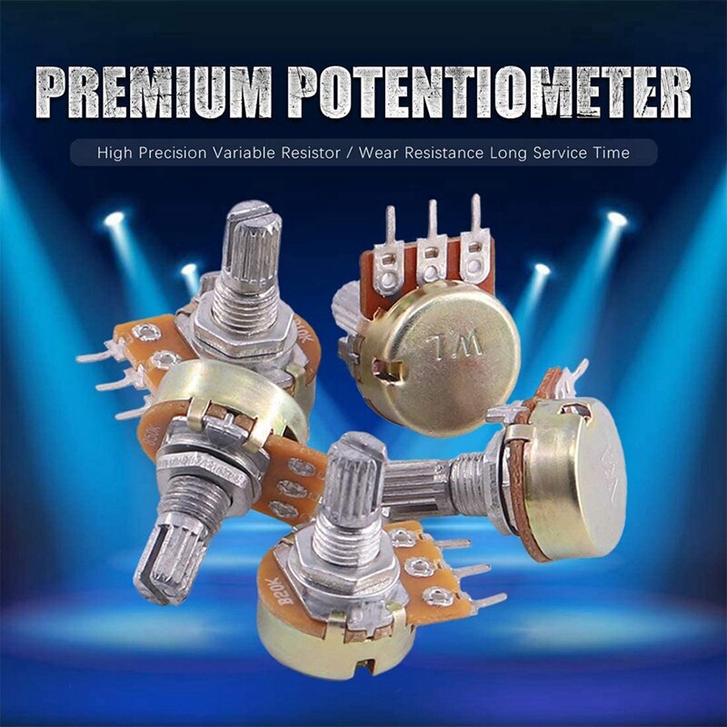 60 stück  b5k 10k 20k 50k 100k ohm lineares drehpotentiometer mit gerändelter achse, (wh148)  , unterlegscheiben und muttern (set)