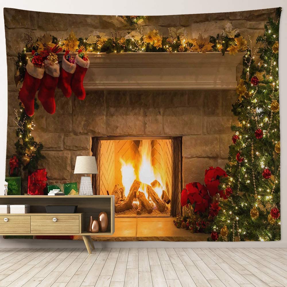 Christmas Fireplace Merry Xmas Happy Year Fabric Wall Hanging Art Decorations