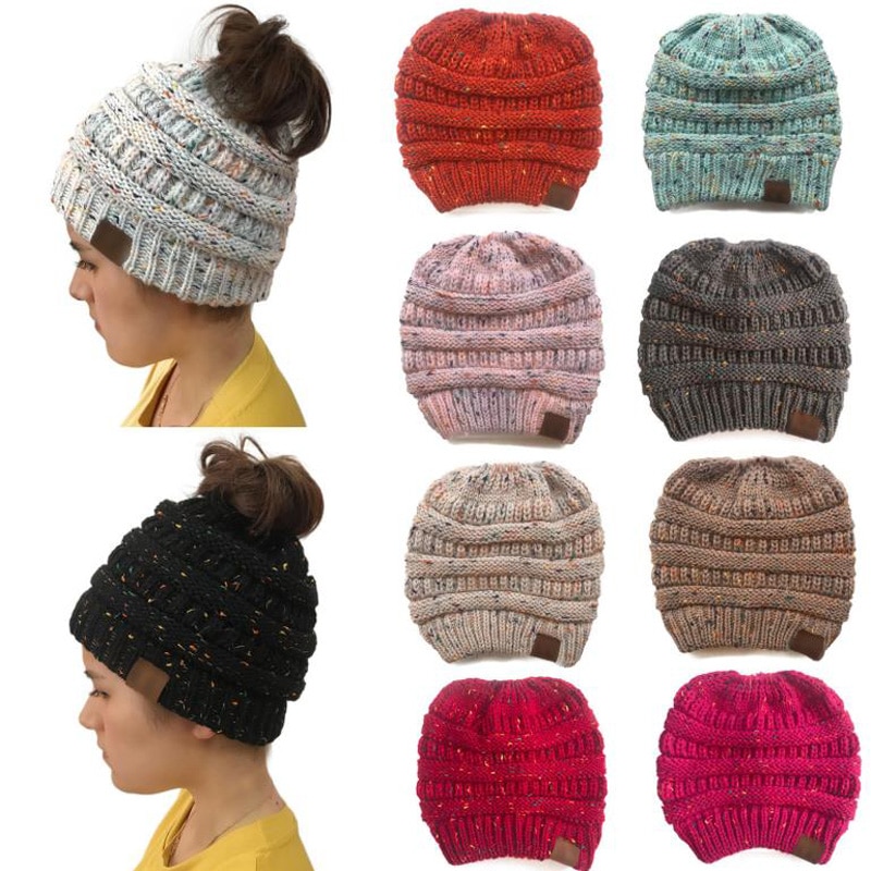 Doitbest Winter Female Ball Cap Top Hole Hat For Women Girls Hat Knitted Beanies Cap Hat Thick Womens lady Skullies knit Beanies