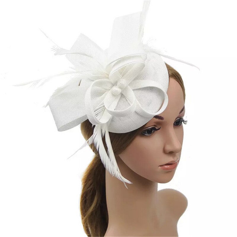 fascinante Clip de pelo diadema sombrero redondo velo de plumas boda Clip de pelo malla cóctel boda sombrero: Blanco