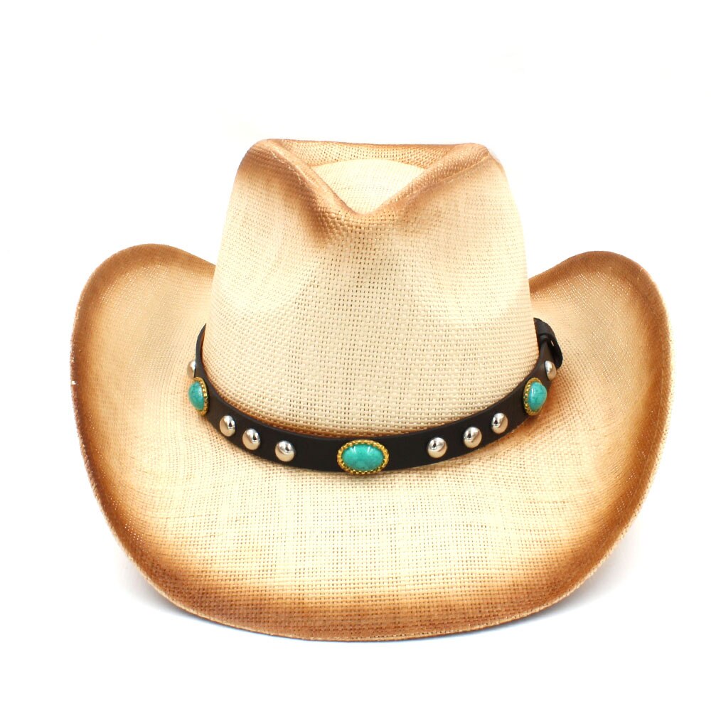 Sombrero vaquero de paja con banda de cuero de para Hombre y mujer, Sombrero occidental, gorros de vaquera, talla 58CM: C2-BCN