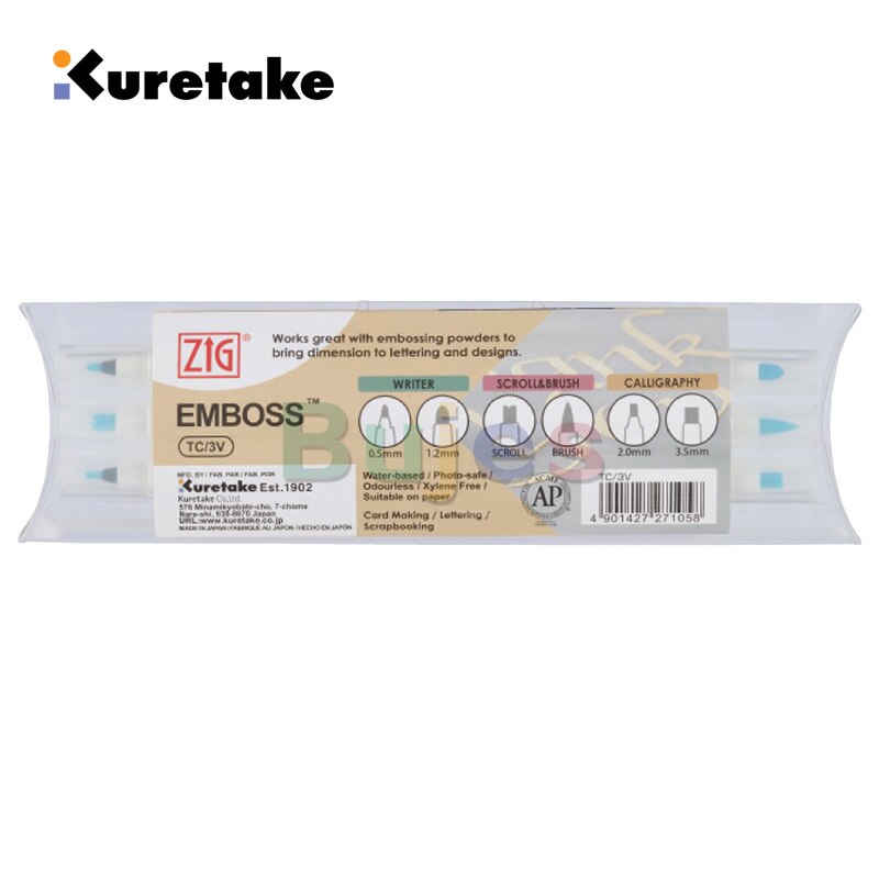 Kuretake Zig Emboss Twin Tip ,Embossing easily creates dimension and surface texture,Waterbased Ink,Available in 4 sizes: 3 pcs