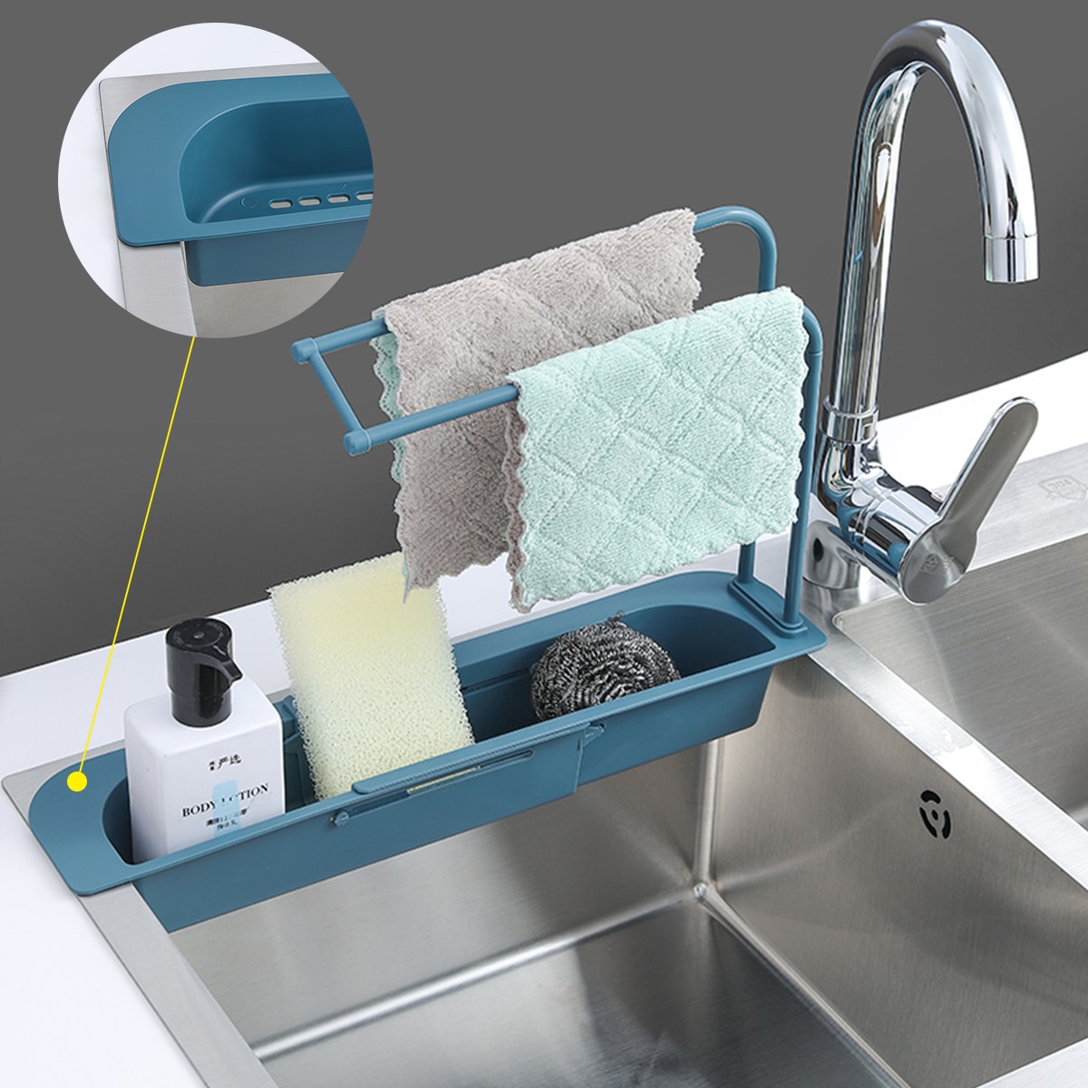 Égouttoir télescopique pour évier de cuisine, panier de rangement, porte-robinet réglable, accessoires de salle de bain
