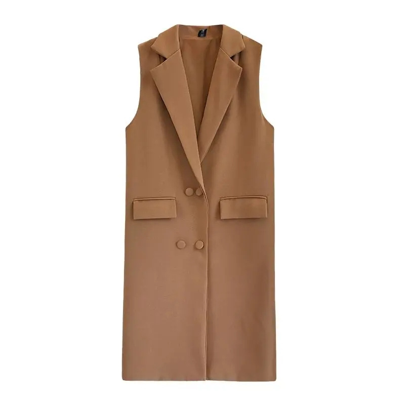 Avslappnad kavaj dam väst kontorsdam lång kostymväst vår höst dam fickor väst ärmlös jackor rockar