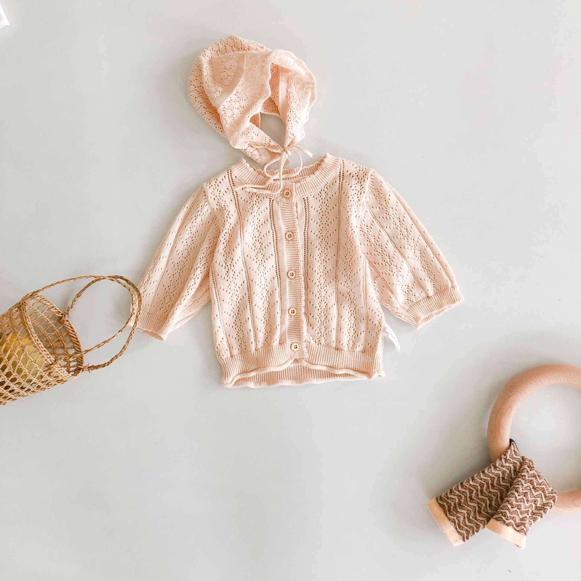 2020 estilo coreano infantil meninas suéteres casacos + chapéu 2 pçs sólido cor clara manga comprida knitted botão voar casacos topos outono inverno: B / 18 m