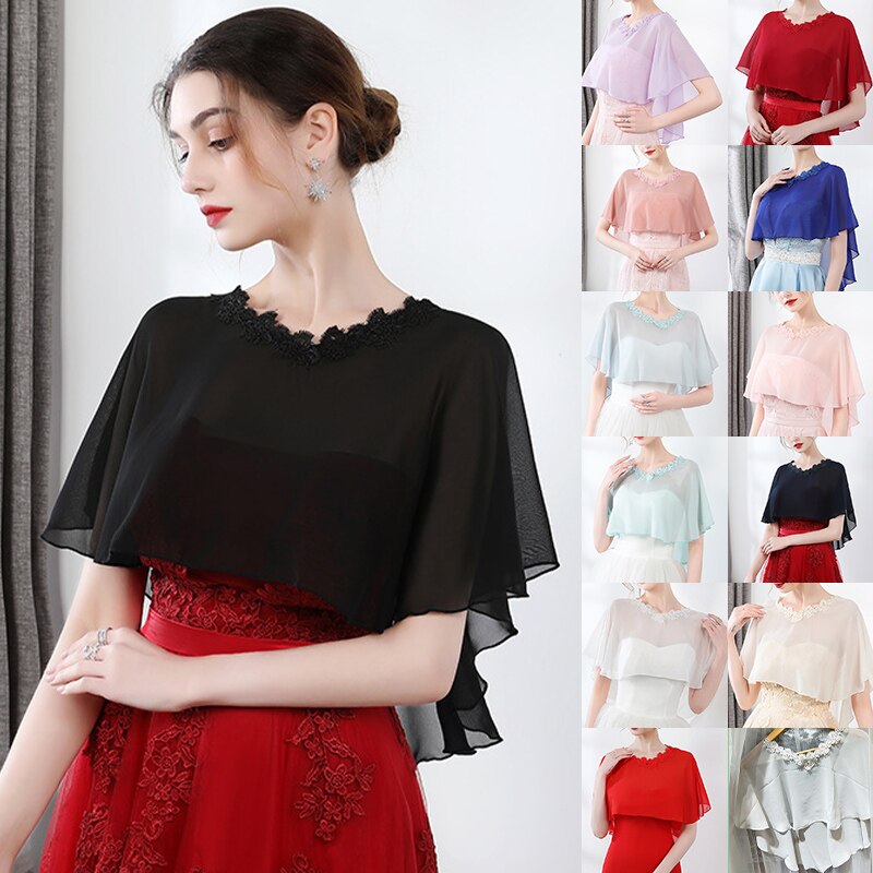 Cape en mousseline de soie pour femmes, châle doux et léger pour mariée, col rond, longue tenue de soirée