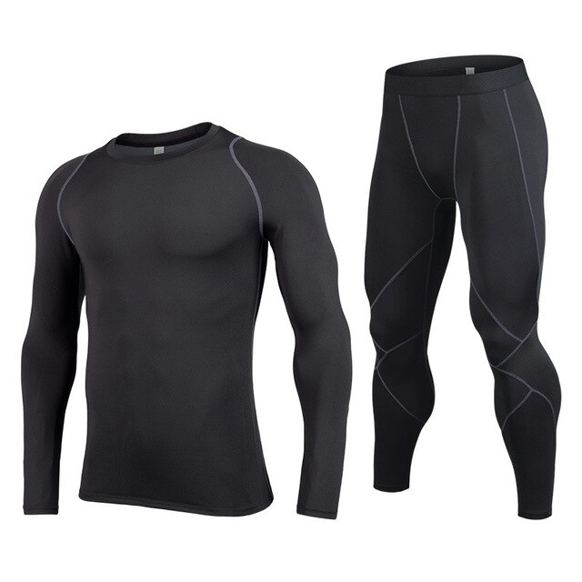 Mannen Lange Mouw T-shirt + Broek 2 PCS Compressie Joggingpakken Fitness Kleding Gym Running Set Workout Sport atletiek Uniform: black grey / Asian size S