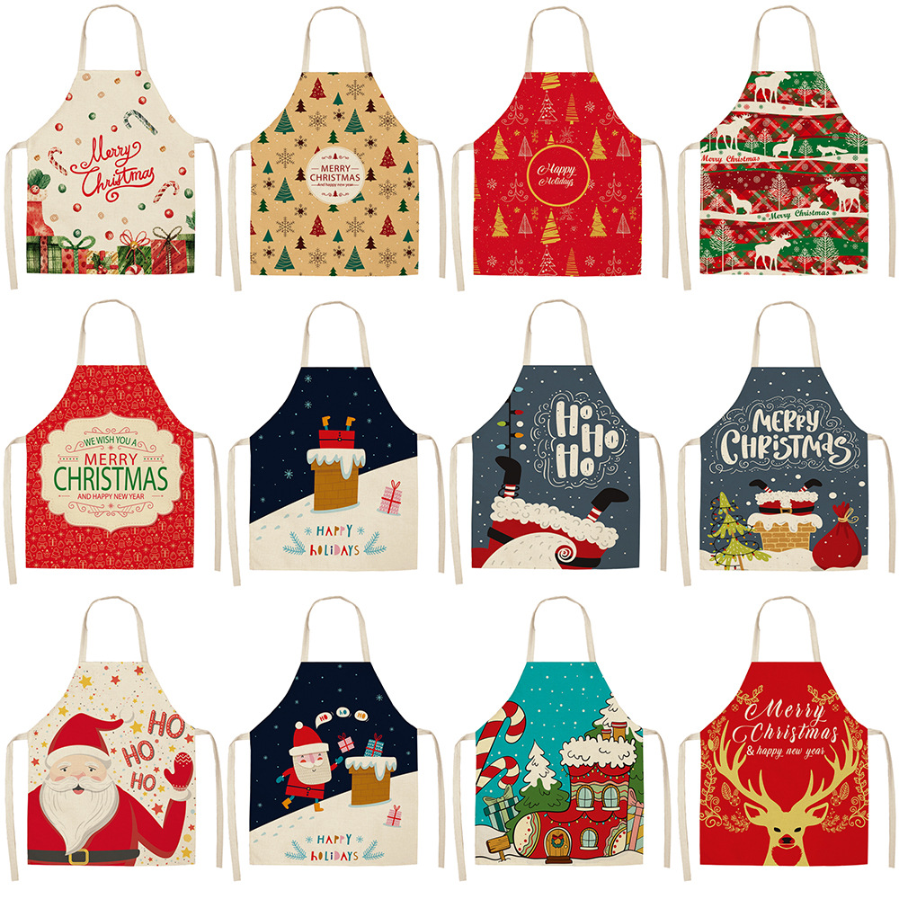 Christmas Printed Women Kitchen Aprons Waterproof Cooking oil-proof Cotton Linen Antifouling Chef Apron man kid aprons