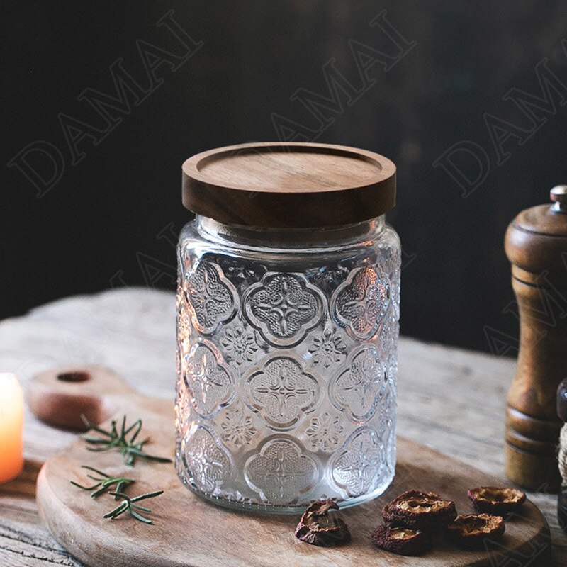 Relief Glass Storage Jar Carved Flower with Wooden Lid Sugar Crystal Jars Seal Tea Caddy Grain Dispenser Kitchen Supplies