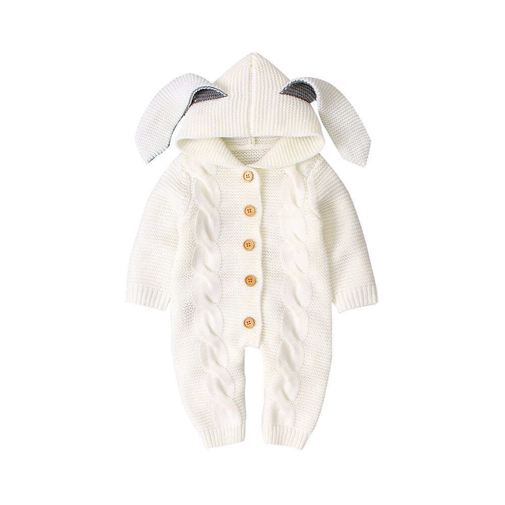 0-24M Herfst Winter Baby Kids Meisjes Jongens Rompertjes Knit Solid Lange Mouwen 3D Oren Hooded Jumpsuits Kleding: Beige / 24M