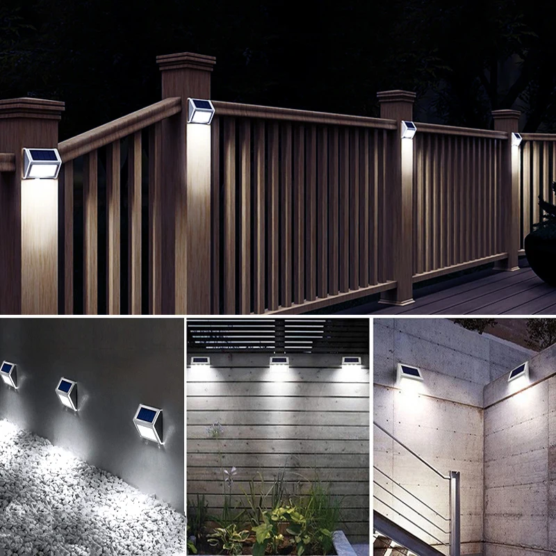Luzes de cerca ao ar livre 6led movido a energia solar deck luzes à prova dwaterproof água lâmpadas parede segurança aço inoxidável para passo passarela pátio jardim