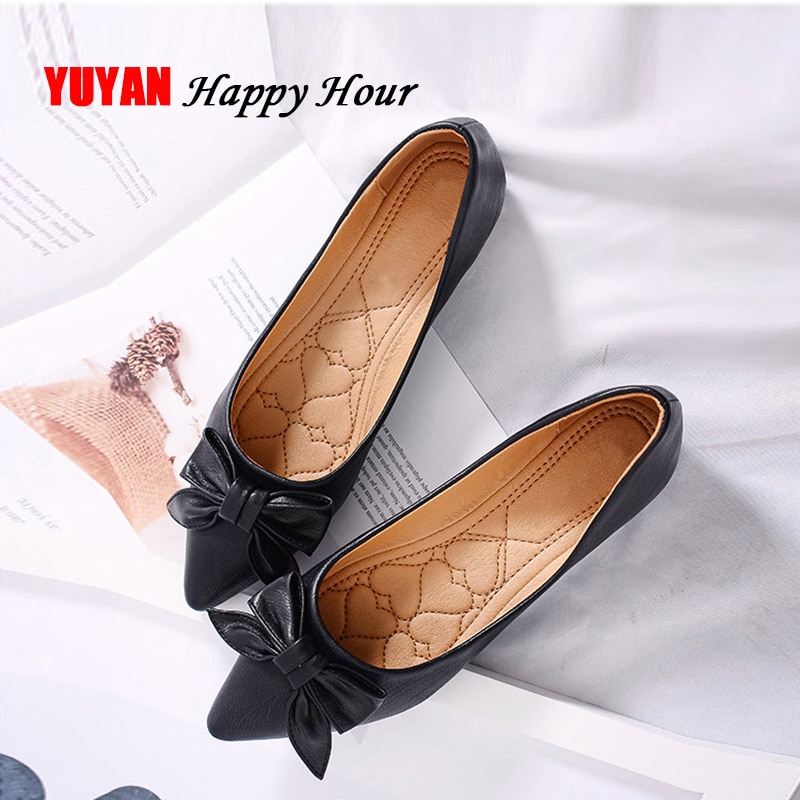 Ladies Boat Shoes Women Soft Leather Casual Shoes Pointed toe Bowknot Women's Flats Plus Size Office Ladies Brand Shoes YX077