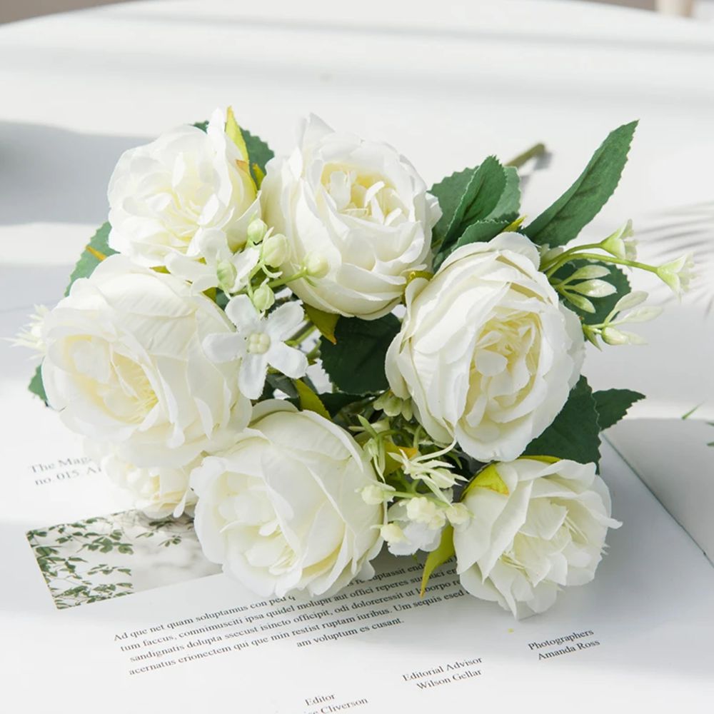 5 fork 15Head Silk Rose For Wedding arch Christmas Wreath Decoration Home Living Room bonsai Photography prop Artificial Flowers: Beige