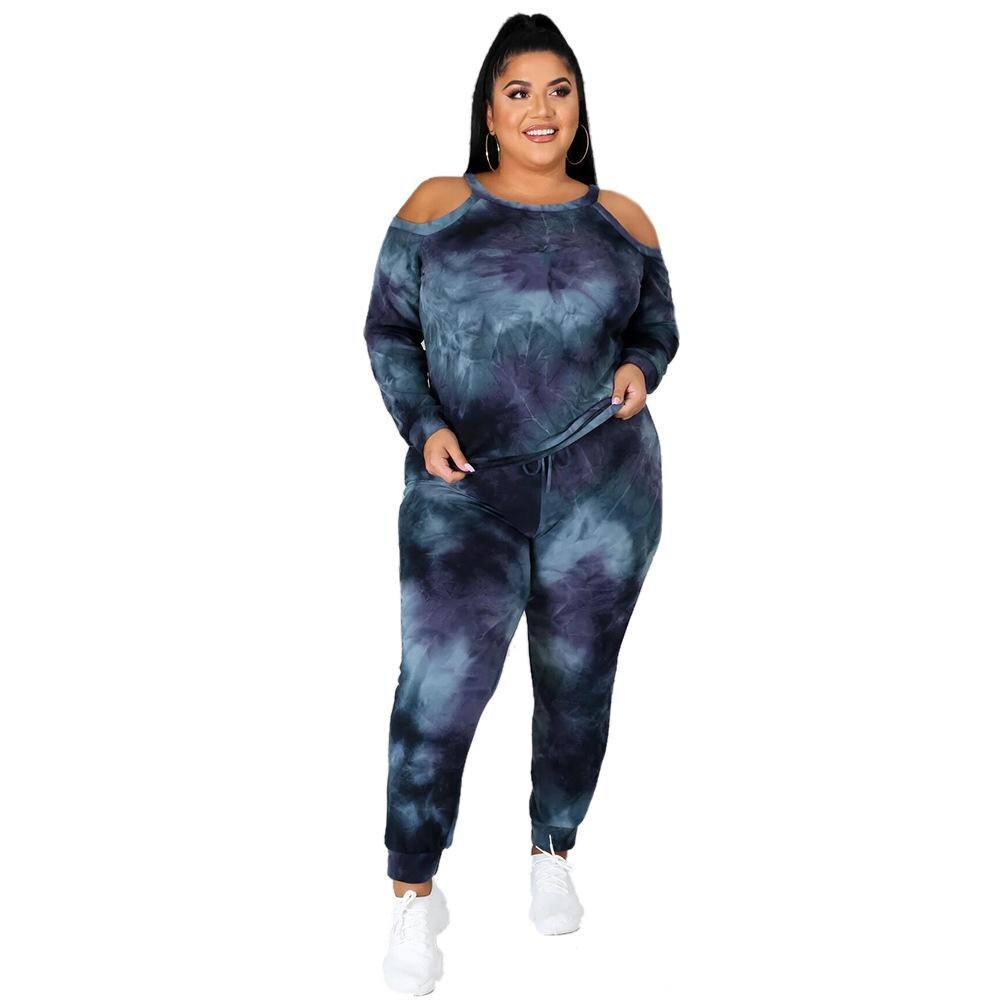 Dames blauw groot casual sportpak met off-shoulder tie dye sportkleding voor dames, maat 5xl: Xxl