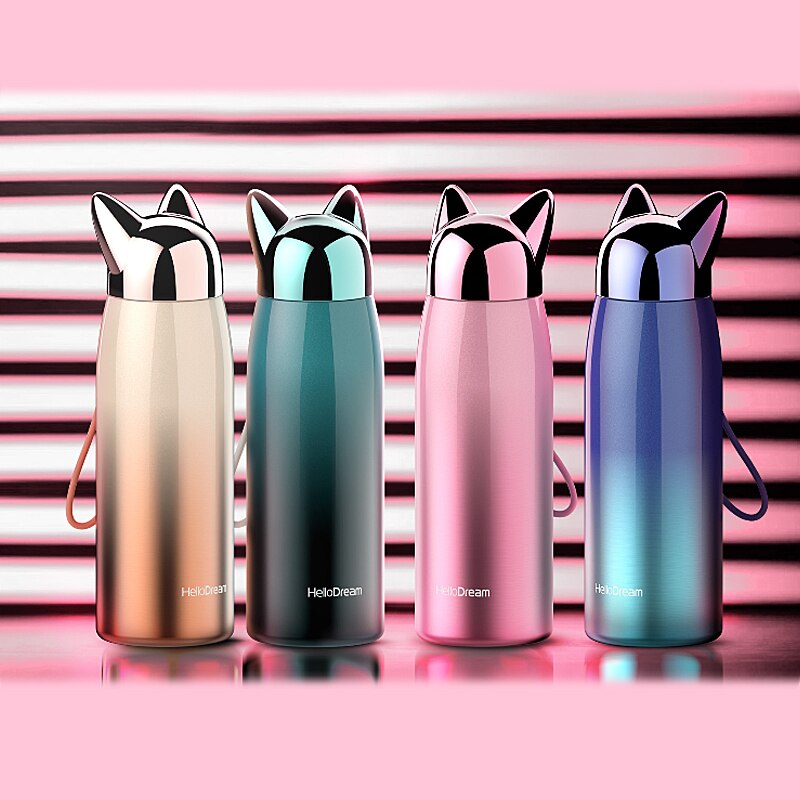 1 stücke Nette Edelstahl Katze ohren Thermos Tassen Thermocup Isolierte Becher Vakuum Glaskolben Thermo Kaffee Becher Reise Flasche Becher