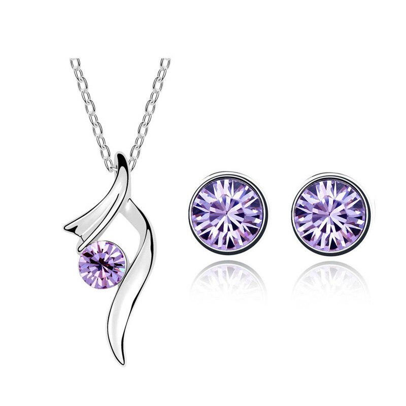 top czech rhinestone girl bridal charm ribbon round pendant necklace earring jewelry set 8 colors: violet