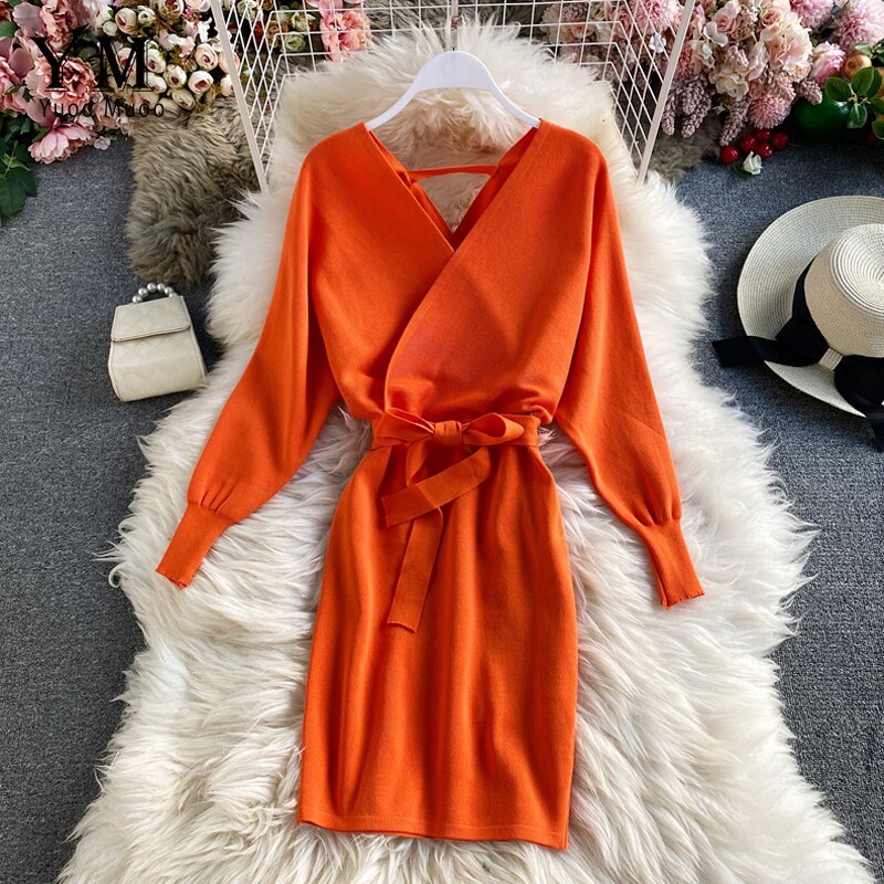 Yuoomuoo Vrouwen Lange Mouw Trui Jurk Vrouwen Trui Casual Herfst Winter Jurk V Hals A-lijn Korte Mini Gebreide Jurk: Oranje