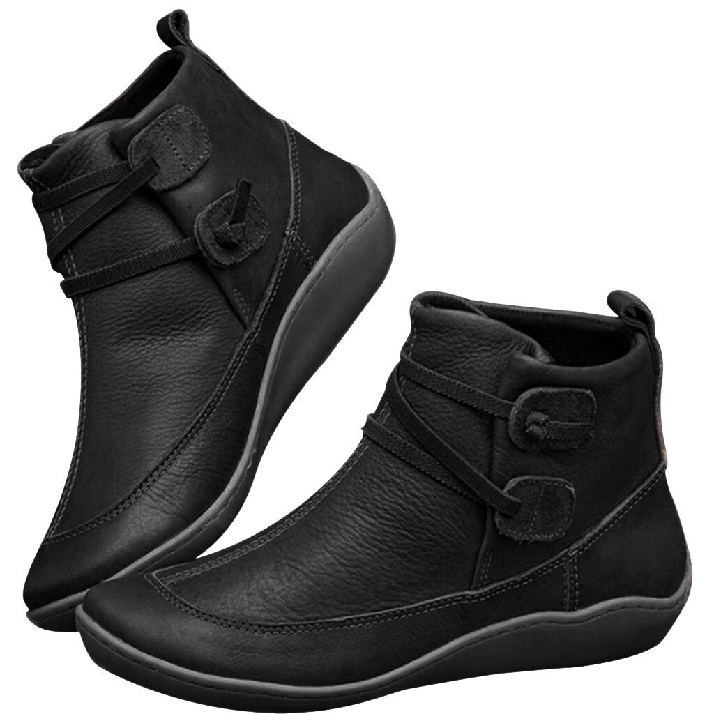 Botas informales para mujer, nuevos zapatos de invierno, botas de piel Vintage para mujer, zapatos planos impermeables, botines planos de punta redonda para invierno