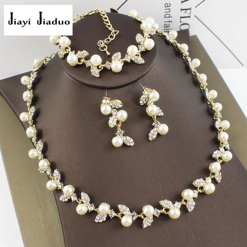 Jiayijiaduo Gesimuleerde Parel Bruids Sieraden Sets Gold-Kleur Ketting Set Bruiloft Kostuum Sieraden Ketting Oorbellen Armband Set: Default Title
