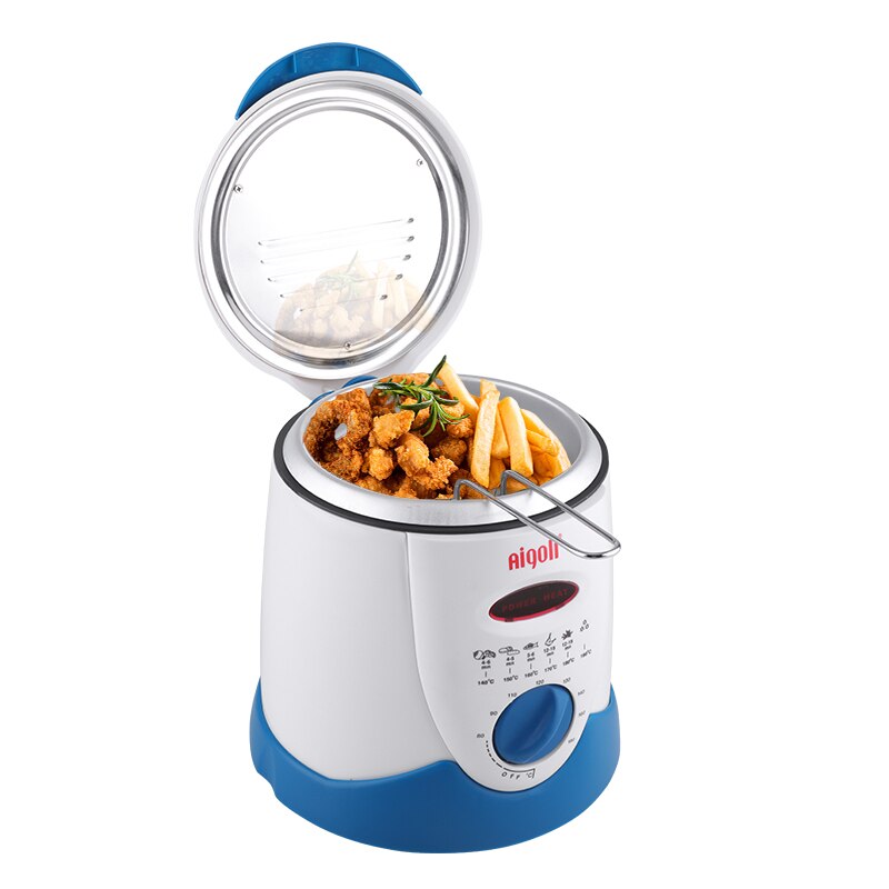 Mini elektrisk olie frituregryde ovn røgfri multifunktionel stegepande pommes frites grill kyllingestegt fiskegryde maskine  eu 0.9l: Blå / Uk