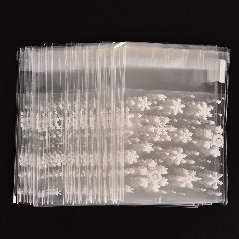 100 st godispåse självhäftande påsar julsnöflinga tryck skrivbordsorganisator klämma hållare påsar