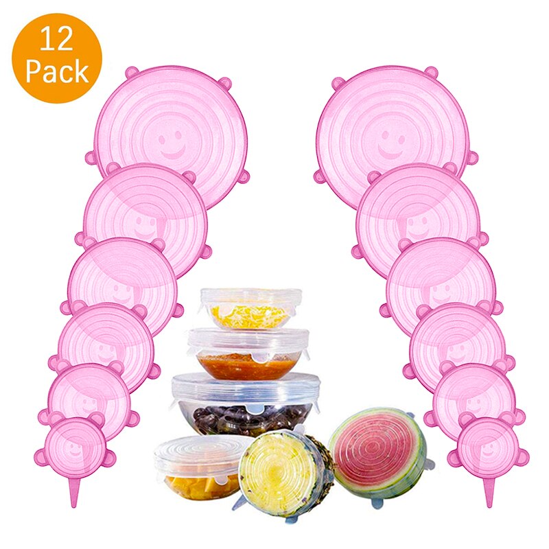 Juego de tapas de 6 piezas hechas en silicona tapas reutilizables cubiertas herméticas para almacenar comida tapas selladoras de recipientes de varios tamaños cubiertas elásticas para envoltura utensilios de cocina: 12PACK PINK