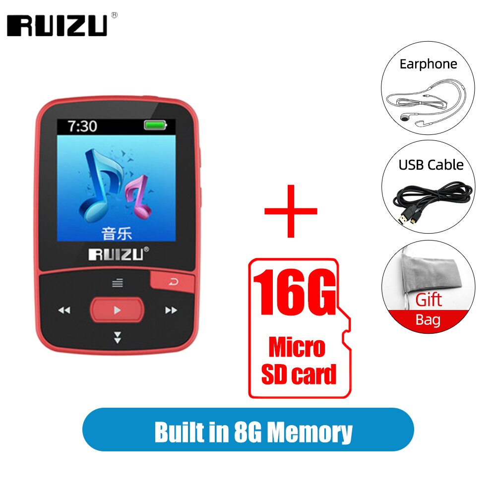 RUIZU X50 Sport lettore MP3 con Bluetooth 8GB Mini Clip Music lettore Audio supporto Radio FM registratore EBook orologio pedometro Video: 8G Red Add 16G Card