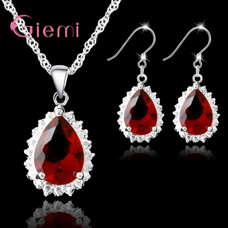 Gorgeous Retro Red Water Crystals Pendant Necklace Earrings 925 Sterling Silver Jewelry Set For Woman Lady Party