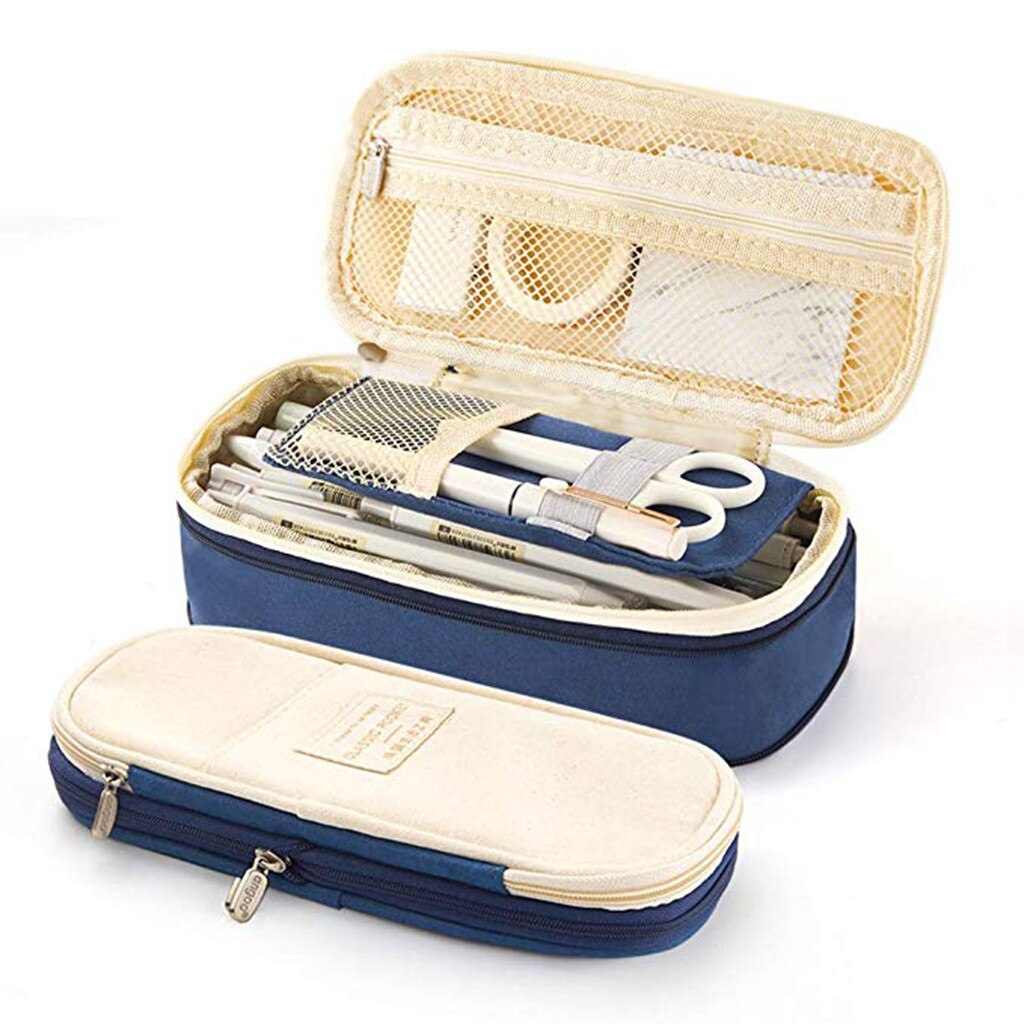 Canvas Large Capacity Pencil Case Pencils Pouch Stationery Pencil Bags Multifunctional Zipper School Portable Simple Storage bag: Navy