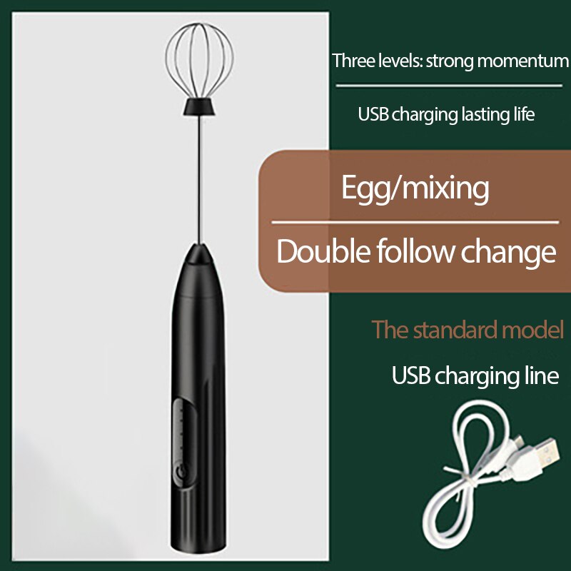 Handheld Electric Milk Frother Egg Beater Coffee Frother With USB Charger Cake Tool For Cappuccino Kitchen Mixer Multifunction: Black B-2heads