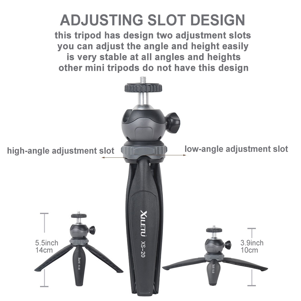 XILETU XS20 Mini Tabletop Tripod Desktop Phone Holder Stand with Clip and Ball Head for iPhone Cell Phone Smartphone DSLR Camera