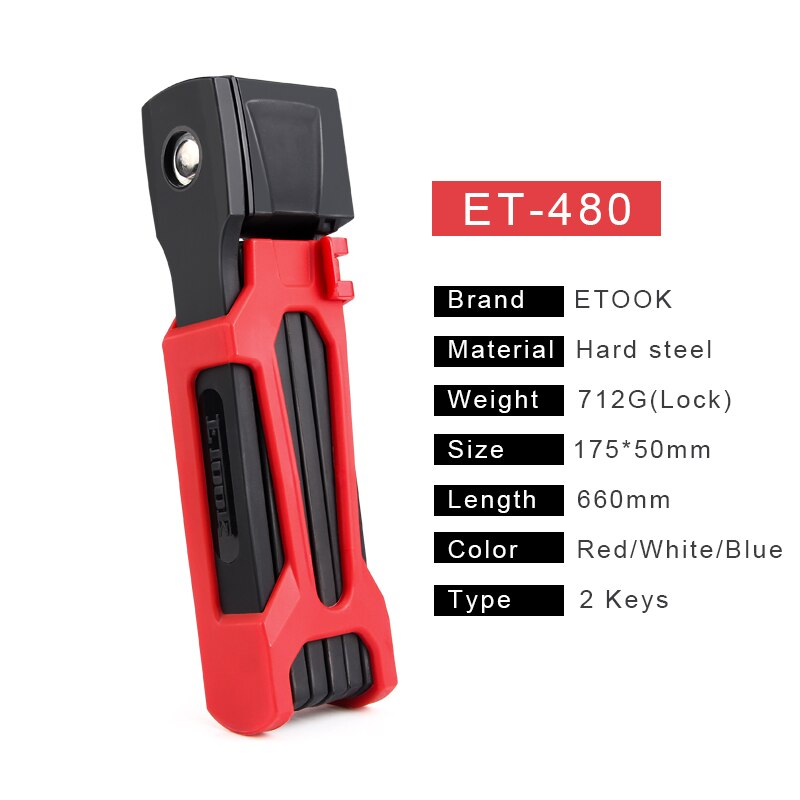 PAW bicycle lock anti-theft mountain bike lock folding lock strong security anti-theft bicycle lock heavy chain cable lock: ET-480-Red