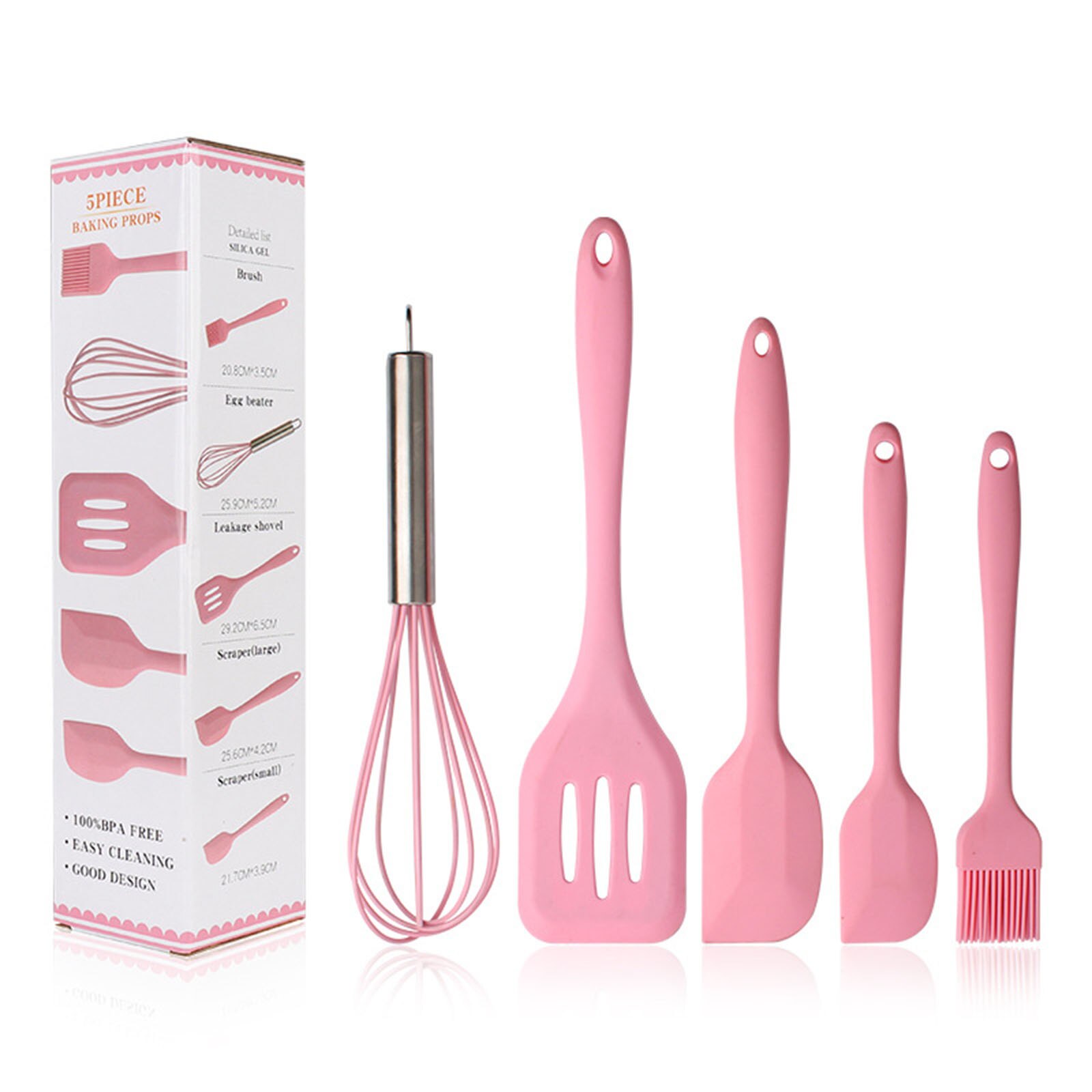 Utensilios de cocina de silicona, conjunto de herramientas de horneado, 5 uds.: Rosa