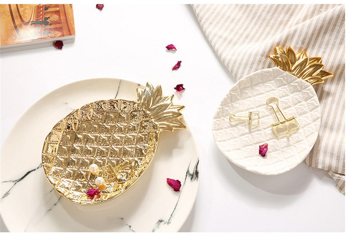 Placa de cerámica para Piña dorada Enipate, plato de joyería, plato de porcelana con hoja, almacenamiento de cosméticos, postres, aperitivo, plato, decoración del hogar