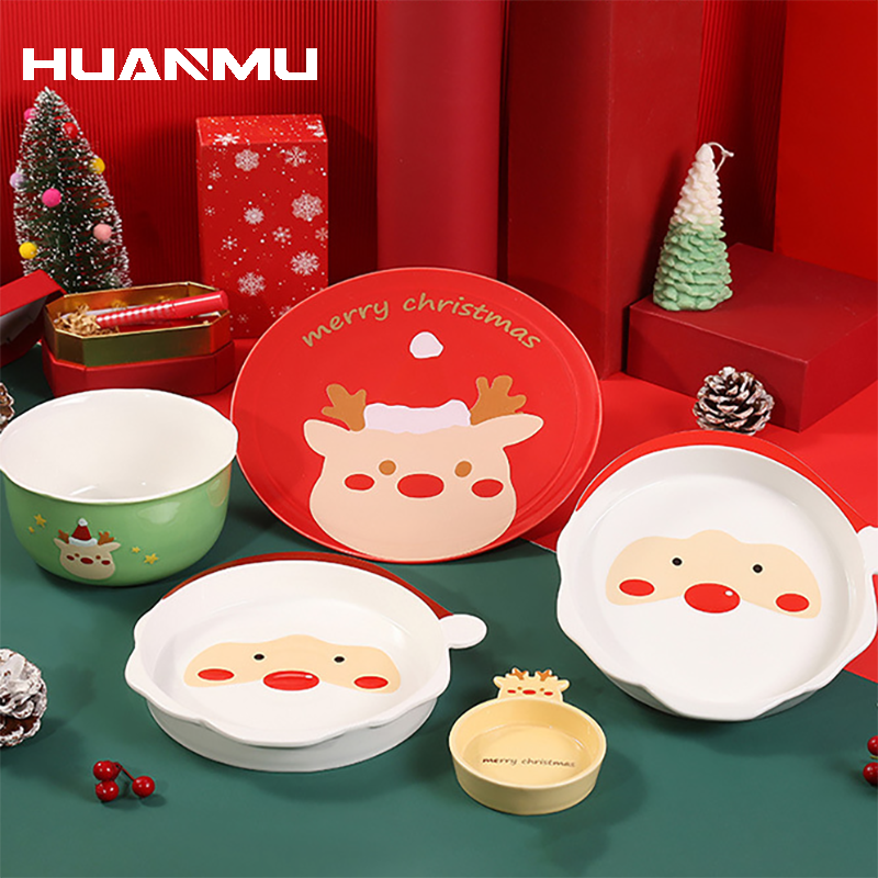 Christmas Ceramic Plate Bowl Cutlery Elk Cartoon Shape Dinner Plate Santa Claus Xmas Plate Set Cartoon Cute Year Kitchen