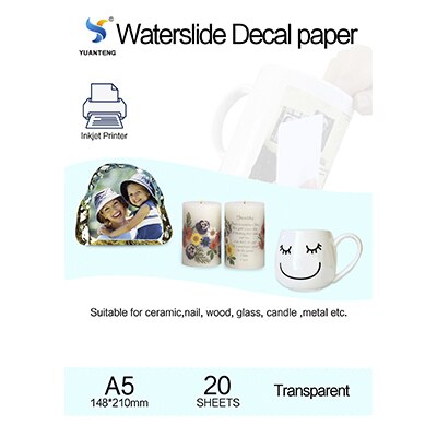Papier à glissière d'eau à jet d'encre, format A5, Transparent, couleur, impression artistique, papier de transfert, 20 feuilles/sac: Default Title