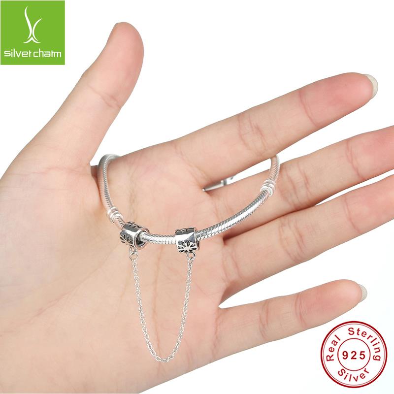 100% 925 Sterling Silver Daisy Safety Chain Charm Fit Original wst Bracelet Pendant Authentic Jewelry Christmas