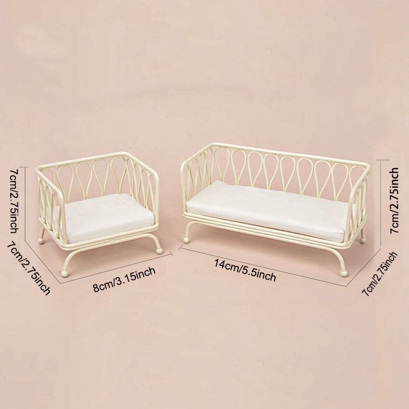 Witte metalen enkele en dubbele banken met witte kussens, minimalistische stijl, schaal 1:12, voor BJD/Ob11/pretend meubeldecor