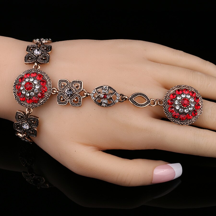 Boho Rode Kristal Bloem Vinger Ring Armband Vintage Antiek Goud Hand Harnas Armbanden Voor Vrouwen Indiase Bruiloft Jewery
