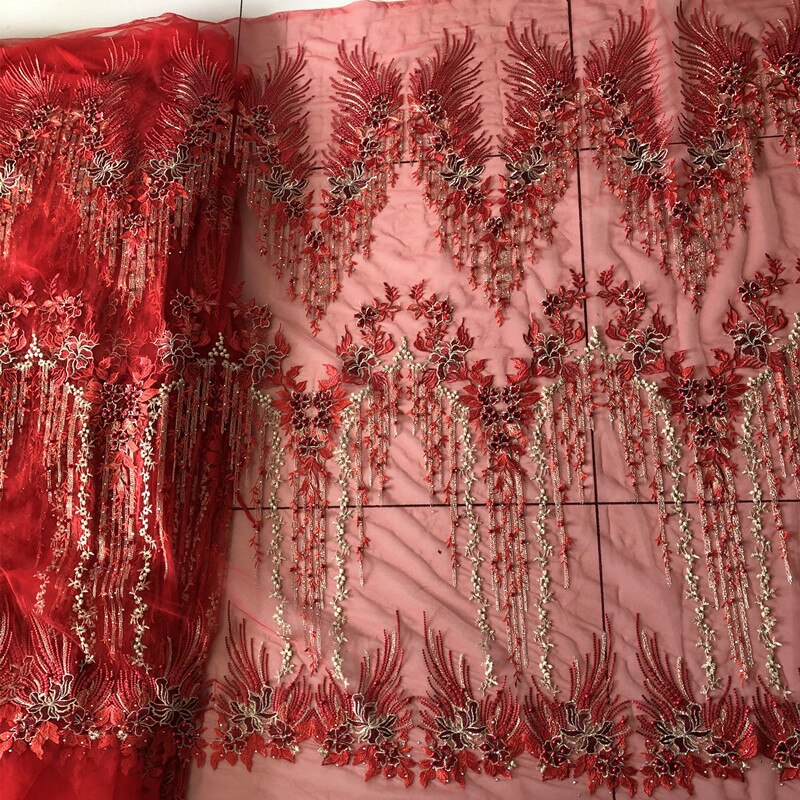 Saskia 1 yard perlebroderi stof afrikansk blonder mesh net stof materiale syning til brudekjole tøj blomst stof diy: Rød