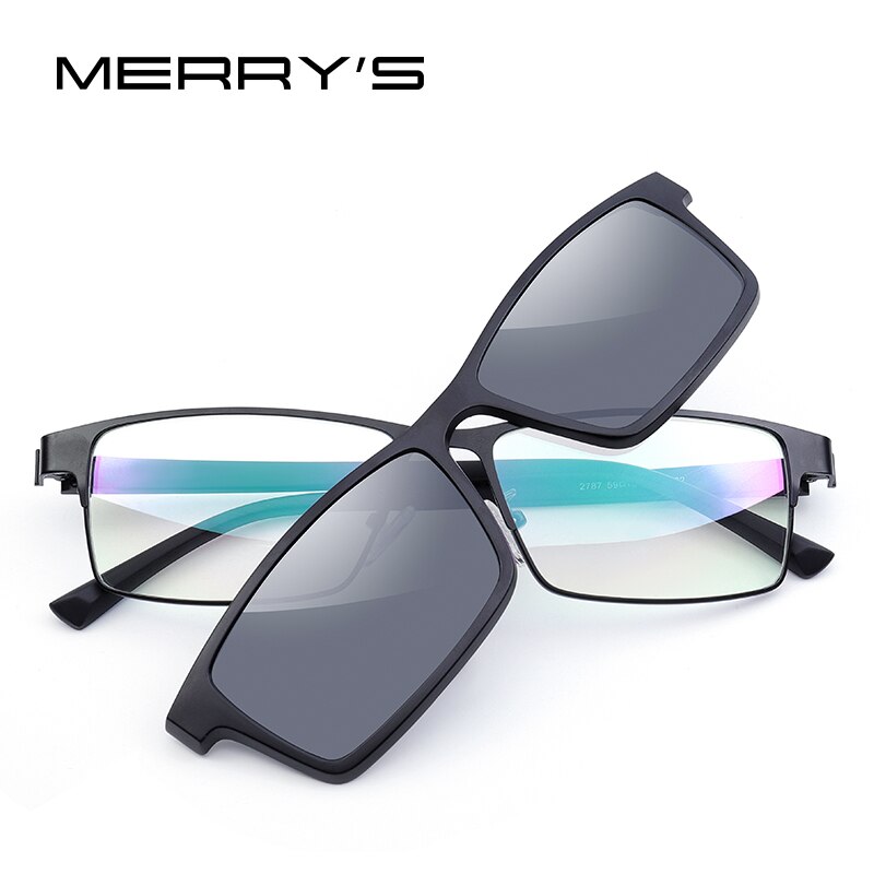 MERRYS, 2 en 1, montura de gafas con imán polarizado con Clip para hombres, montura de gafas graduadas para miopía óptica TR90 S2728: C02 Black Silver