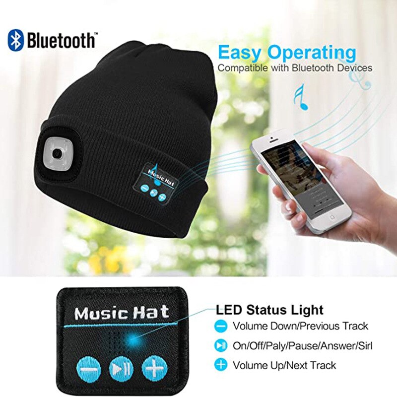 Bluetooth Beanie Hat - Unisex Winter Music Cap with LED - Rechargeable Stereo Speakers - Windproof Knit