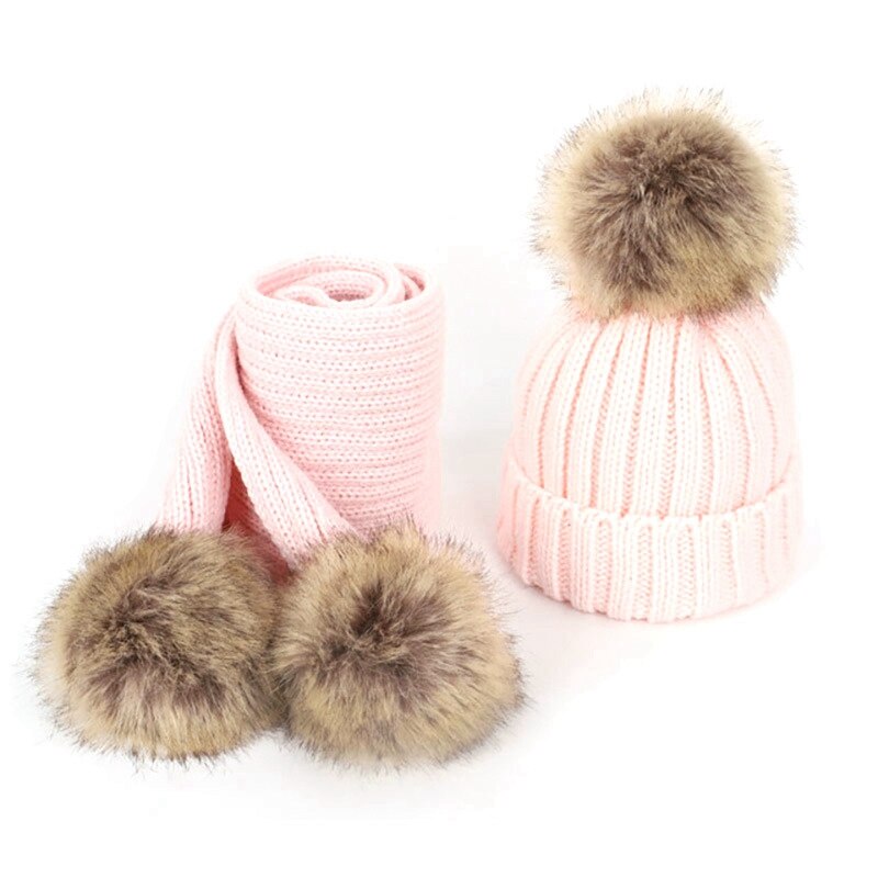 Kinderen Enkele Haar Bal Wollen Muts En Sjaal Set Unisex Verdikte: Pink
