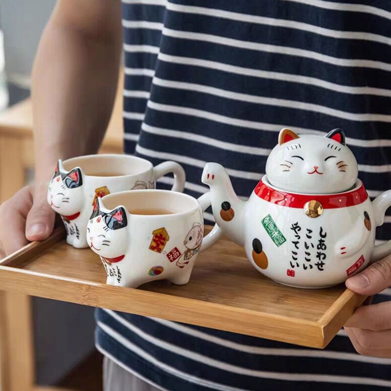Ensemble Théière Et 2 Mugs En Acier émaillé Rouge - Motifs Chats Amusants - Pigmento (France)